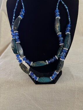 Blue Beaded Gold-Accent Double Strand Necklace